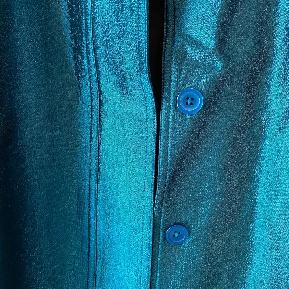 Chico's Teal Blazer Coat Lightweight Relaxed Fit Shiny Size 1/M Classic Workwear - Picture 2 of 5